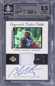 2003-04 UD "Exquisite Collection" Rookie Patch Parallel #76 Carmelo Anthony Signed Jersey Rookie Card (#11/15) – BGS NM-MT+ 8.5/BGS 10